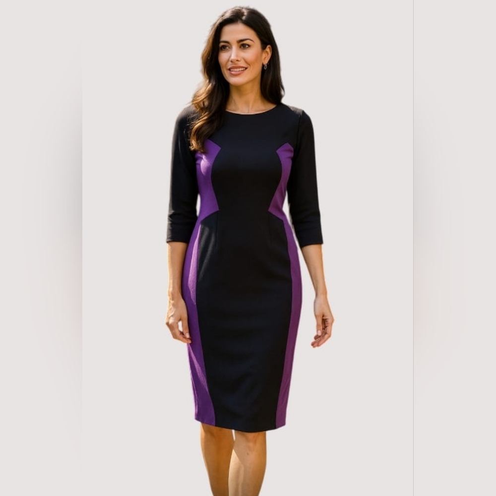 NWT Hanita Colourblock Black & Purple Italian V Back Midi Dress 3/4 Sleeves Med